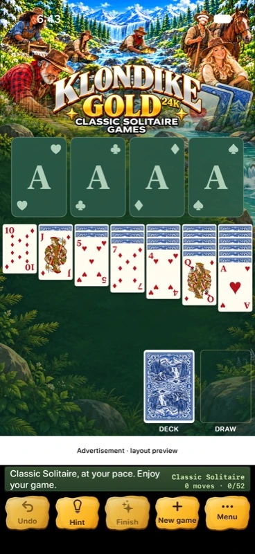 Classic Solitaire running in the app with its illustrated header and gold controls