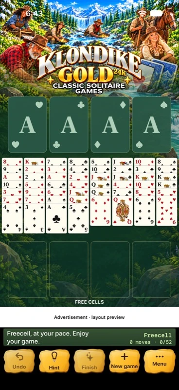 Freecell running in the app with its illustrated header and gold controls