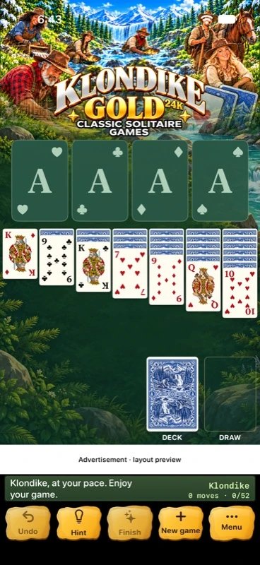 Klondike running in the app with its illustrated header and gold controls