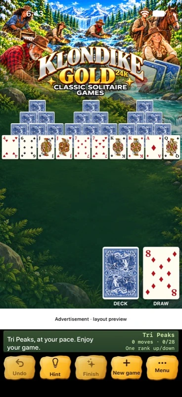 Tri Peaks running in the app with its illustrated header and gold controls